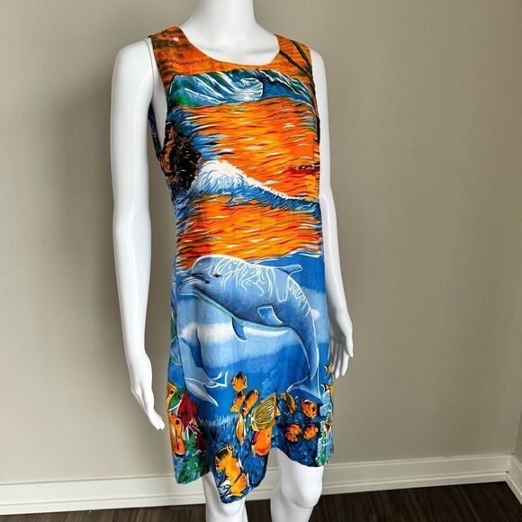 Y2K Tropical Fish Dolphin Hawaiian Beach Lua Dress Swim Wear - Picture 1 of 8
